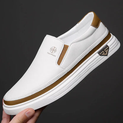New 2025 Men's Genuine Leather Casual Sneakers Spring Summer Fashion Slip-On White Shoes Soft Sole Comfortable for Everyday Wear
