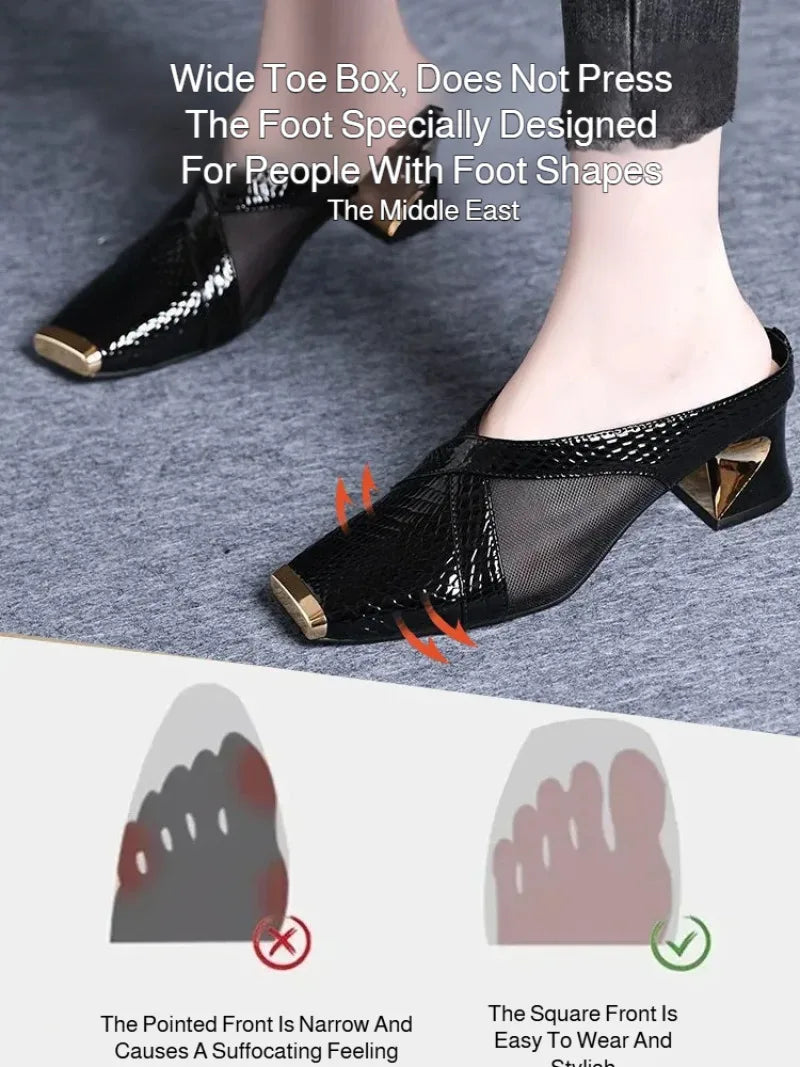 Women's outdoor sandals snakeskin thick heel mesh half slippers square toe sandals