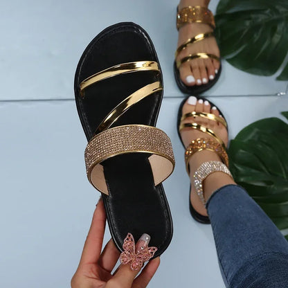 Sparkling Rhinestone Slides for Women - Comfy Open Toe Flats for Indoor & Outdoor Wear