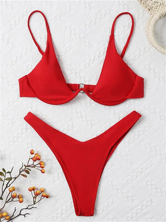 Sexy Underwire Bikini  Women Solid Red Push Up Bra Thong Swimsuit Haler V Neck Bathing Suit Mini Micro Thong Swimwear