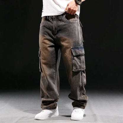 Wide Leg Pant Distressed Cargo Jean Men Jeans Washed Denim Patchwork Solid Full Length Pants Loose Pockets High Street 2025