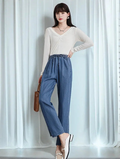 New 2025 Spring Summer Denim Jeans For Women Blue Or Sky Blue Color High Elastic Waist Wild Denim Pants Trousers Hot Sale