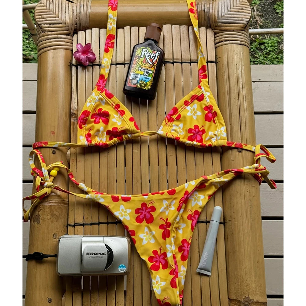 Sexy Micro Bikini  Women Swimsuit Female Swimwear Thong Bikinis Set Brazilian Halter Beach Wear Print Bathing Suit