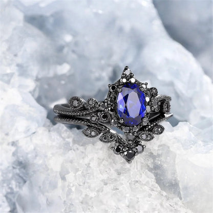 2Pcs/Set Fashion Black Gold Color Blue Rhinestone Zircon Rings For Women Full Crystal Rings Wedding Engagement Jewelry Gifts