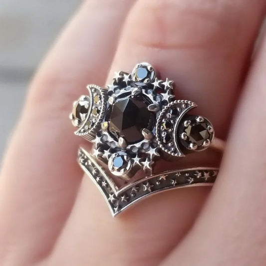 New Gothic Universe Moon Ring Set for Women Vintage Creative Pentagram Black Party Vacation Jewelry Best Halloween Gifts