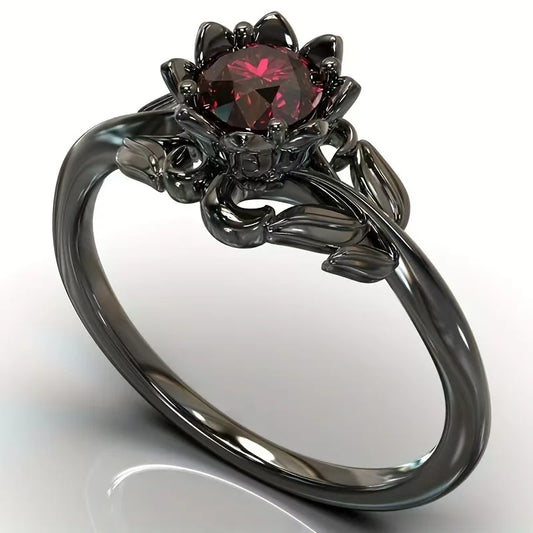 Cross-border new jewelry ladies flower ring electroplating gun black European and American hand-inlaid zircon ring