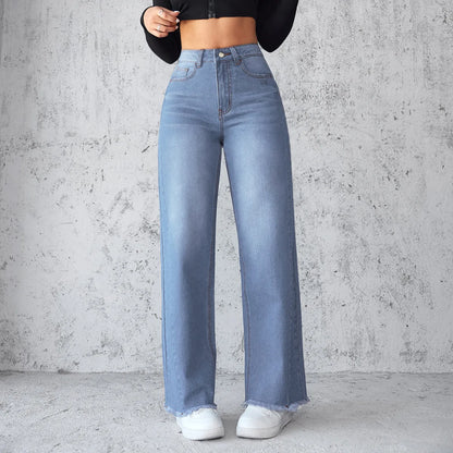 New Temperament High-waisted Wide-leg Jeans. Four Seasons Fashionable,simple,comfortable and Casual Straight-leg Jeans for Women