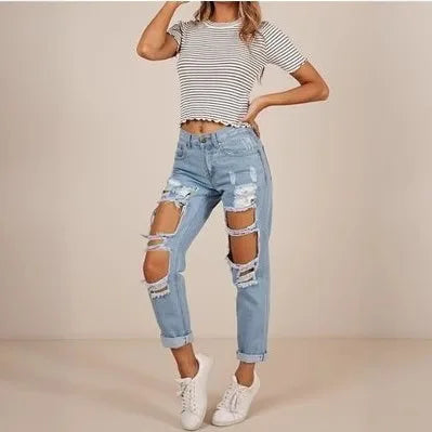 2025 Street Personality Washed Ripped Straight-leg Jeans. New Fashionable and Casual 9-inch Jeans for Women in Spring and Summer
