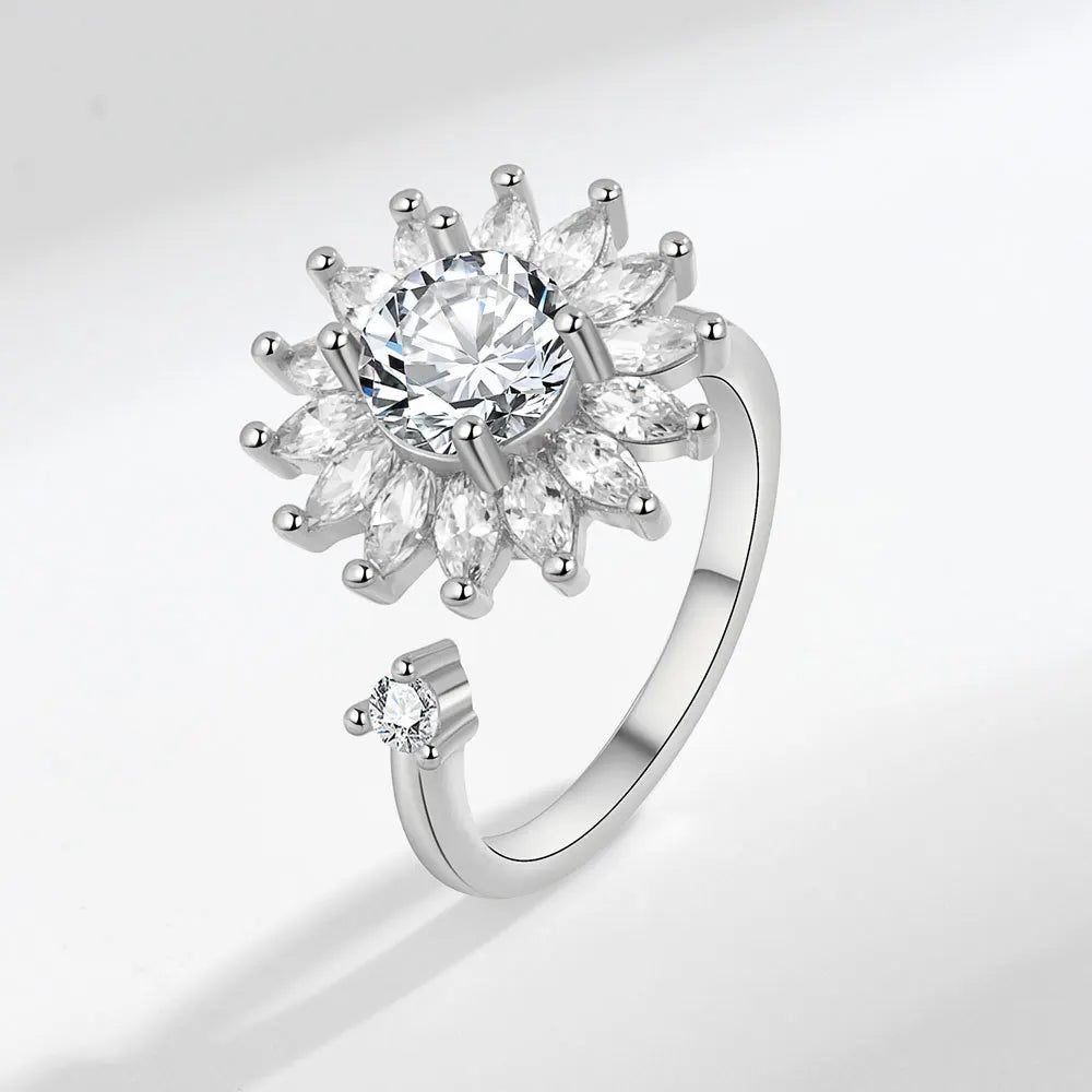 VENTFILLE 925 Sterling Silver Sunflower Diamond Zircon Rotatable Ring For Women Gift Relieve Stress Ring Jewelry Wholesale
