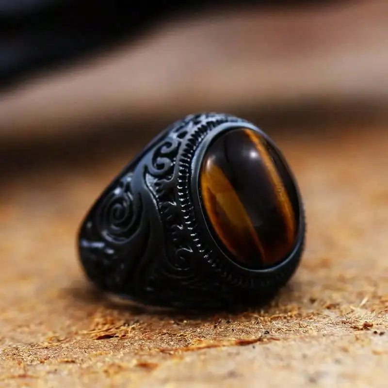 Vintage Black Stainless Steel Rings for Men Anniversary Party Gift Fashion Imitation Stone Resin Men Rings Jewelry Accessories