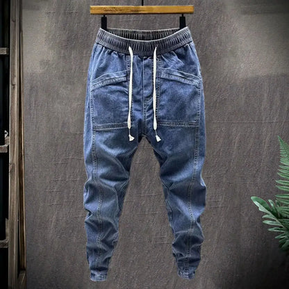 Spring Autumn Men Jeans Elastic Drawstring Waist Pockets Design Denim Pants Solid Color Casual Cargo Harem Trousers