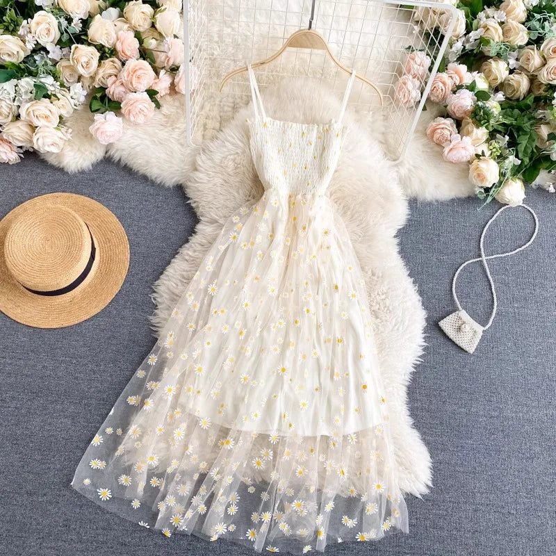 Women Dress 2025 New Summer Fashion Fairy Mesh Party Dress Korean Pop Floral Print Vacation Beach Dress Streetwear Sundress