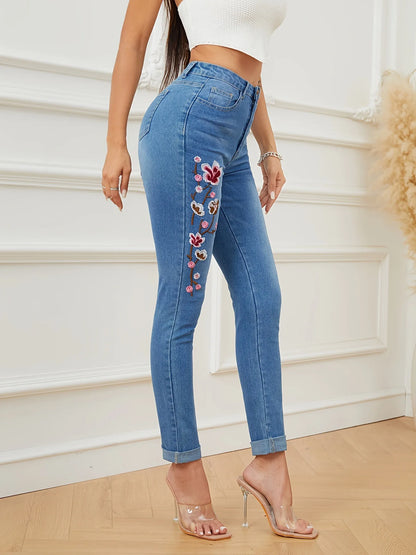 2023 Winter New High Waist Embroidered Jeans for Women Fashionable Stretch Slim Ankle-Length Denim Pencil Pants S-XL