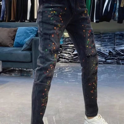 New High Quality Men's Clothing Casual Slim Pencil Pants Distressed Paint Patch Color Ink Graffiti Designer Long Jeans Trousers