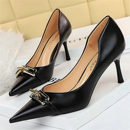 Women 7cm High Heels Pumps Lady Scarpins Fetish Nightclub Blue Nude Low Heels Wedding Party Metal Chain Buckle Fetish Prom Shoes