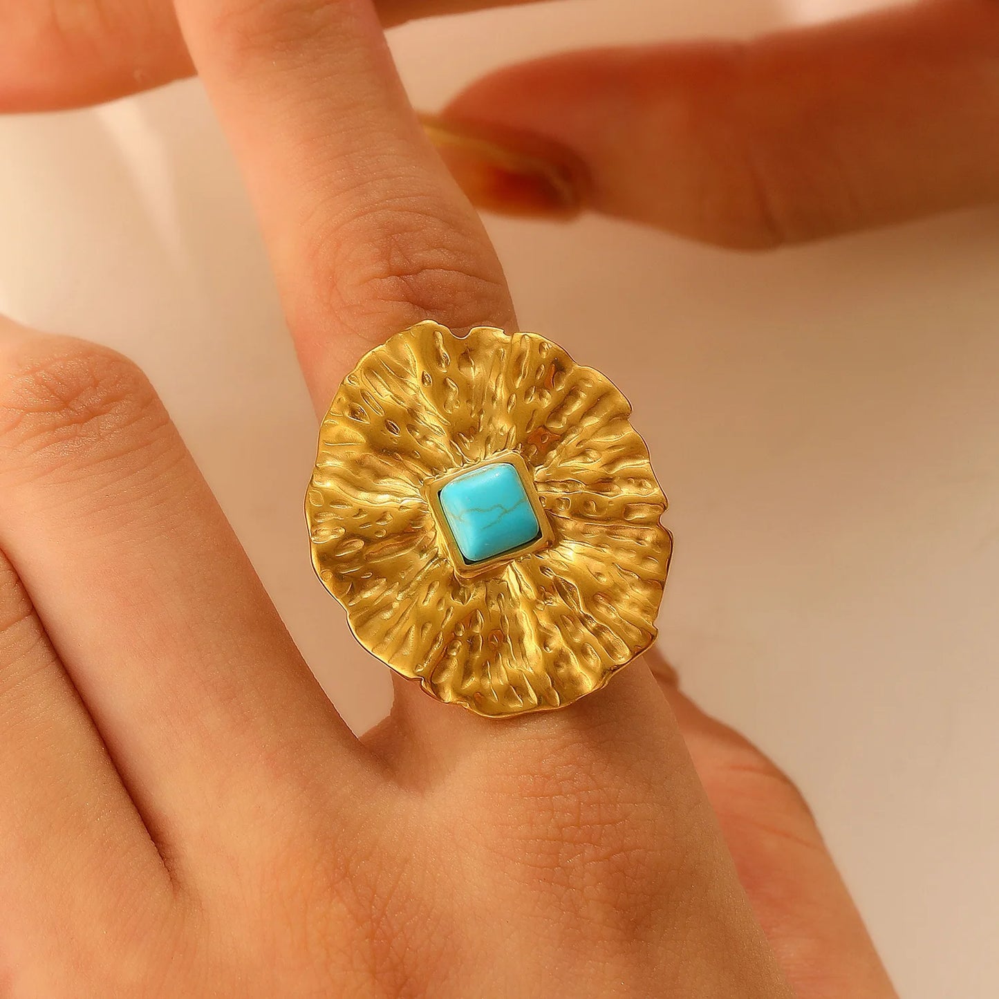 Luxury Natural Stone Stainless Steel Geometric Open Ring Gold Color 18K PVD Plated High Quality France Finger Jewelry
