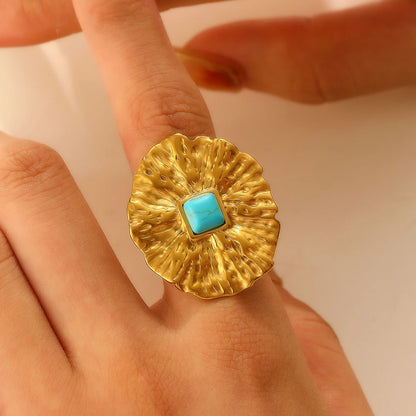 Luxury Natural Stone Stainless Steel Geometric Open Ring Gold Color 18K PVD Plated High Quality France Finger Jewelry