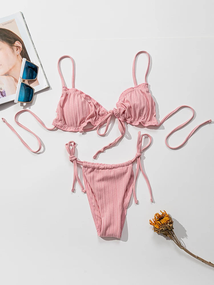 New  Sexy Swimsuit Pit stripe Bikini Women Swimwear  Bathing Suits Push Up Biquinis Bandage Beachwear Solid Bikini Sets