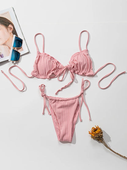 New  Sexy Swimsuit Pit stripe Bikini Women Swimwear  Bathing Suits Push Up Biquinis Bandage Beachwear Solid Bikini Sets