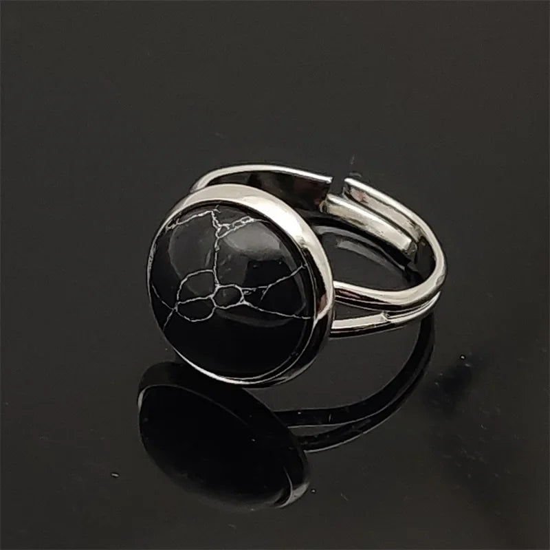 12mm Round Healing Natural Stone Ring Tiger Eye Opal Pink Crystal Adjustable Joint Ring for Women Jewelry