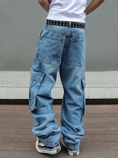 Men's Baggy Cargo Pants Light Blue Washed Denim Multi-Pocket Wide-Leg Jeans Vintage Look Loose Fit Streetwear Style