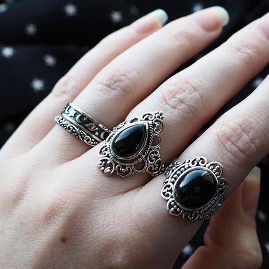 4 Pcs/Set Vintage Drop Water Elegant Black Agate Arabesques Antique Silver Color Ring Women Party Daily Adjustable Open Ring
