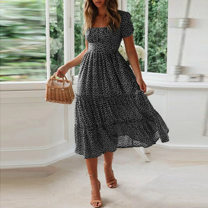 Sexy Square Collar Short Puff Sleeve Chiffon Floral Print Boho Party Dress Summer Women Beachwear Sand Vestidos