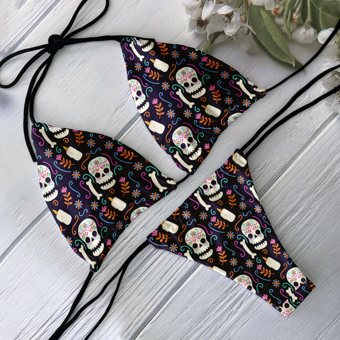 Fashion Bikini Set Women Backless Low Waist Sexy Skull Pattern Printed Swimsuit Beach Surfing Vacation Halloween Cosplay