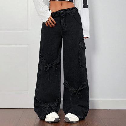 Fashionable lace-up straight-leg jeans. Women's four seasons new Design sense casual loose high-waisted workwear wide-leg jeans