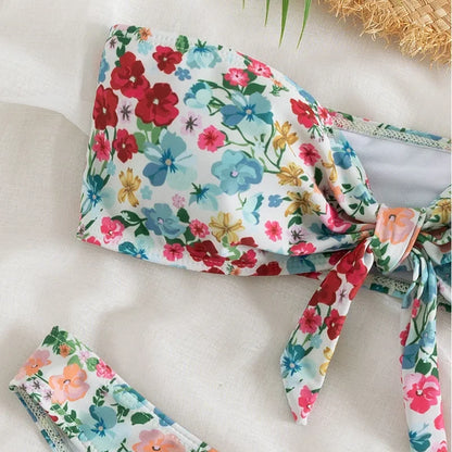 Floral Print Bandeau Bikini Set Off Shoulder Push Up Swimsuit Women Tube Top Bikinis Knot Swimwear  Sexy Summer Bathing Suit