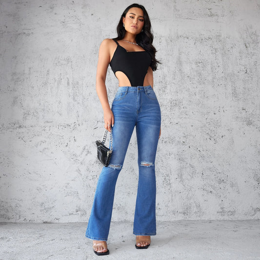 2025 New Slim-fit Washed Ripped Micro-flared Jeans, Women's Four Seasons Fashionable, Comfortable and Elastic High-waisted Jeans