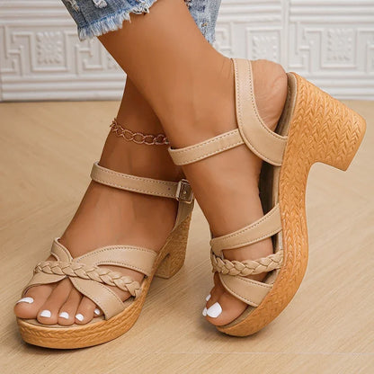 Summer High Heels Sandals Women 2025 Summer Ankle Buckle Platform Sandals Woman Pu Leather Square Heel Gladiator Sandalias Mujer
