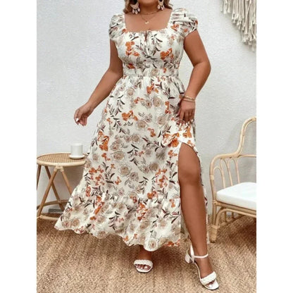 Plus Size Women 1XL-5XL  Suitable for Outdoor Flower Casual Long Party Dress Women Fashion Print Loose Summer Dress