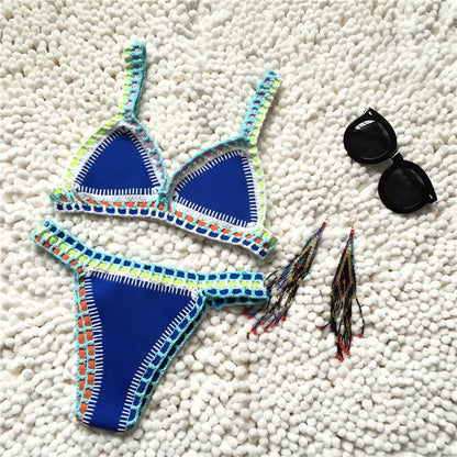 Women Handmade Crochet Knit Swimwear Halter Patchwork Bathing Suit Swimsuit Biquini Thong Bikini traje de bano