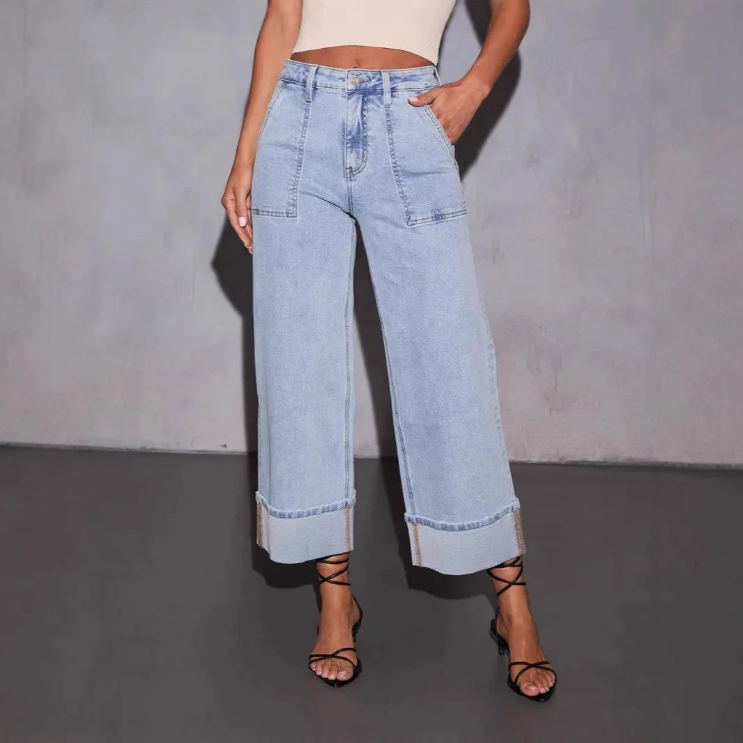 2025 Four Seasons New Stretch Jeans, Washed High-waisted Jeans, Fashionable, Casual, Trendy, Versatile Wide-leg Pants for Women