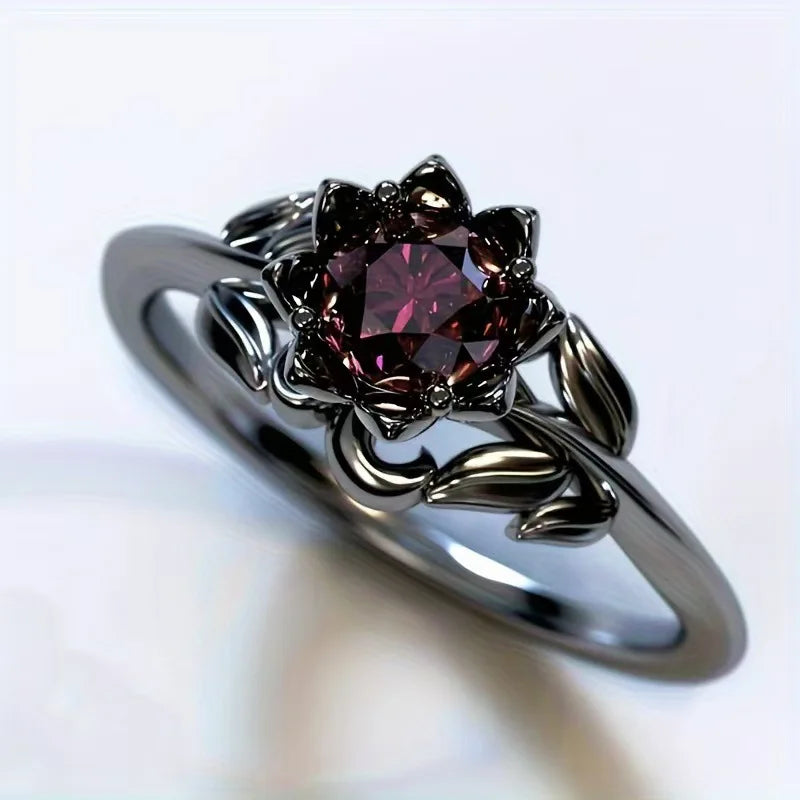Cross-border new jewelry ladies flower ring electroplating gun black European and American hand-inlaid zircon ring