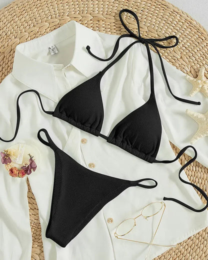 Special Pit Stripe Fabric Bikini Set Women Sexy Simple Solid Halter Bikini Swimsuit High Waisted Lace Up Beach Bathing Suit