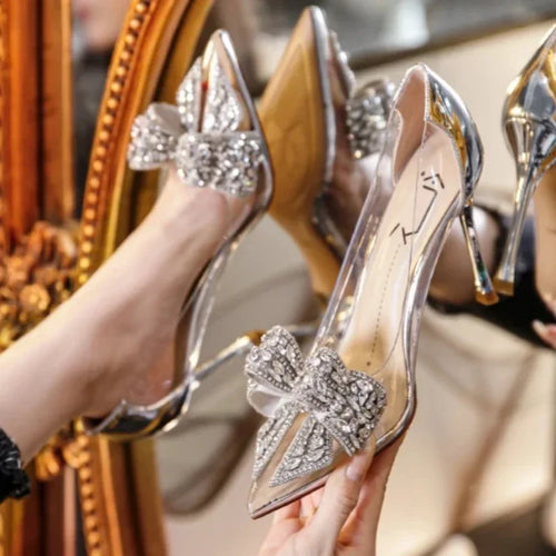 Spring and Autumn New Transparent High Heels Pointed Diamond Decorated Bow Fashion Sexy Banquet Stiletto Women's Shoes