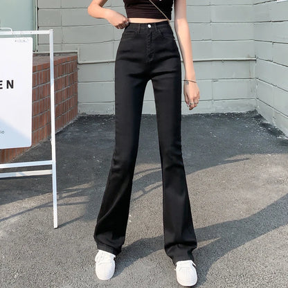 Flared Jeans Woman High Waist Denim Trousers For Female Blue White Black Elastic Skinny Fashion Classic Leisure Wide Leg Pants