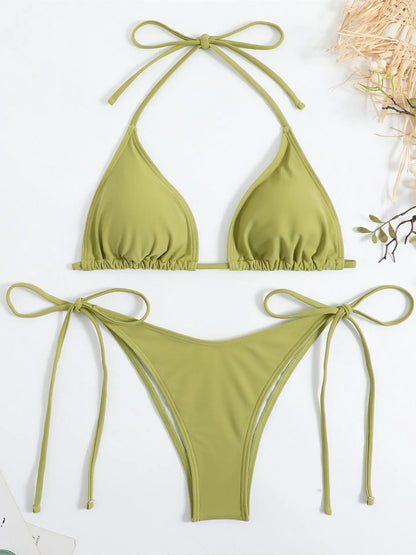 Sexy Brown Bikini 2025 Women Solid Red Halter Push Up Bra Tie Side Triangle Swimsuit Summer Bathing Suit Lace Up Micro Swimwear