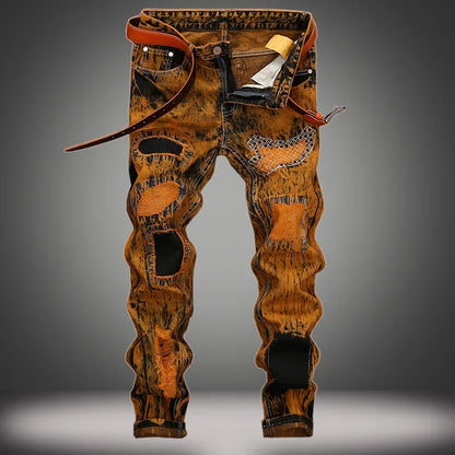 Autumn New Vintage Jeans Men's Ripped Straight Slim-fit Jeans Patchwork Personalized Distressed Hip-hop Streetwear Man Clothes