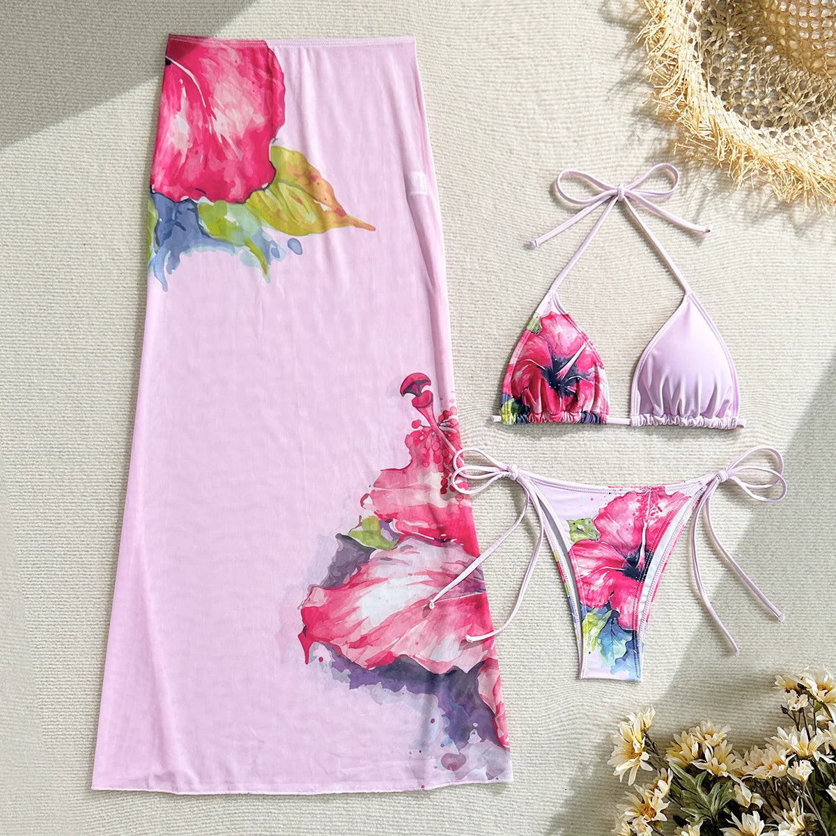 New Flower Print Bikini Set Women's High Waist Long Skirt 3 Piece Swimsuit Sexy Mini Triangle Backless Thong Bathing Suit