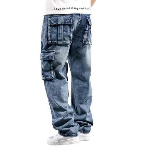 Wide Leg Pant Distressed Cargo Jean Men Jeans Washed Denim Patchwork Solid Full Length Pants Loose Pockets High Street 2025
