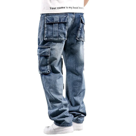 Wide Leg Pant Distressed Cargo Jean Men Jeans Washed Denim Patchwork Solid Full Length Pants Loose Pockets High Street 2025