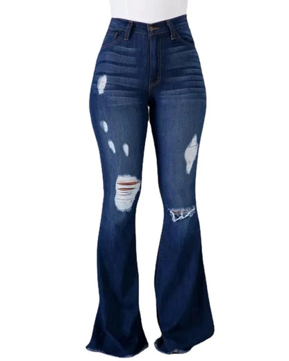 Denim Womens Pants High-stretch Ripped Jeans High-waisted Flared Trousers for Women