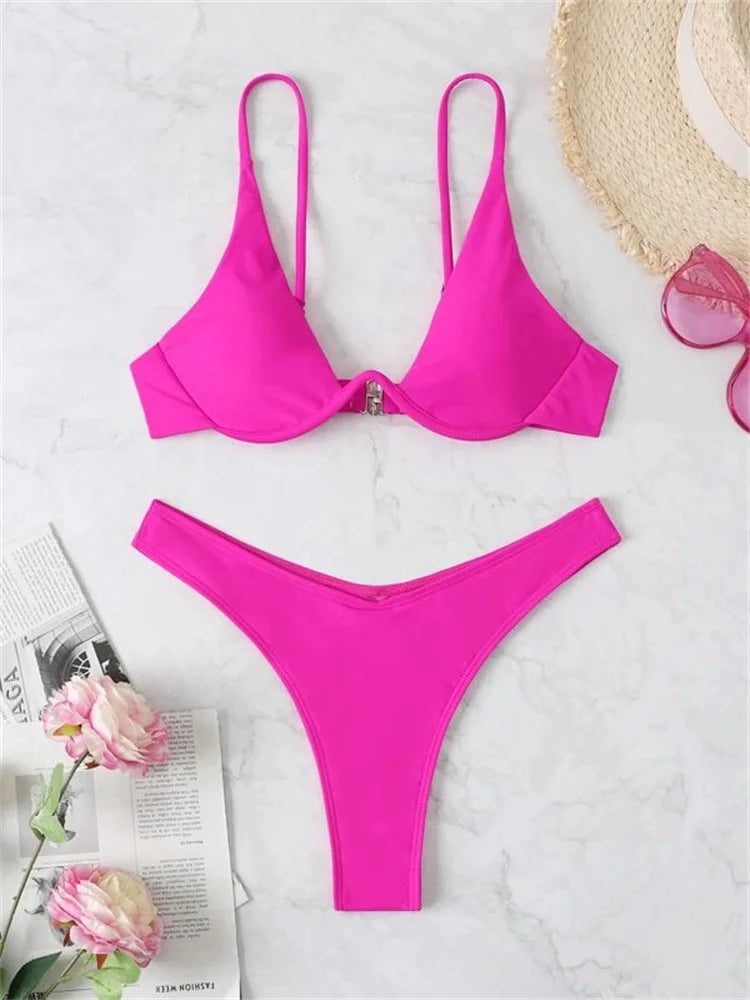 Sexy Underwire Bikini  Women Solid Red Push Up Bra Thong Swimsuit Haler V Neck Bathing Suit Mini Micro Thong Swimwear