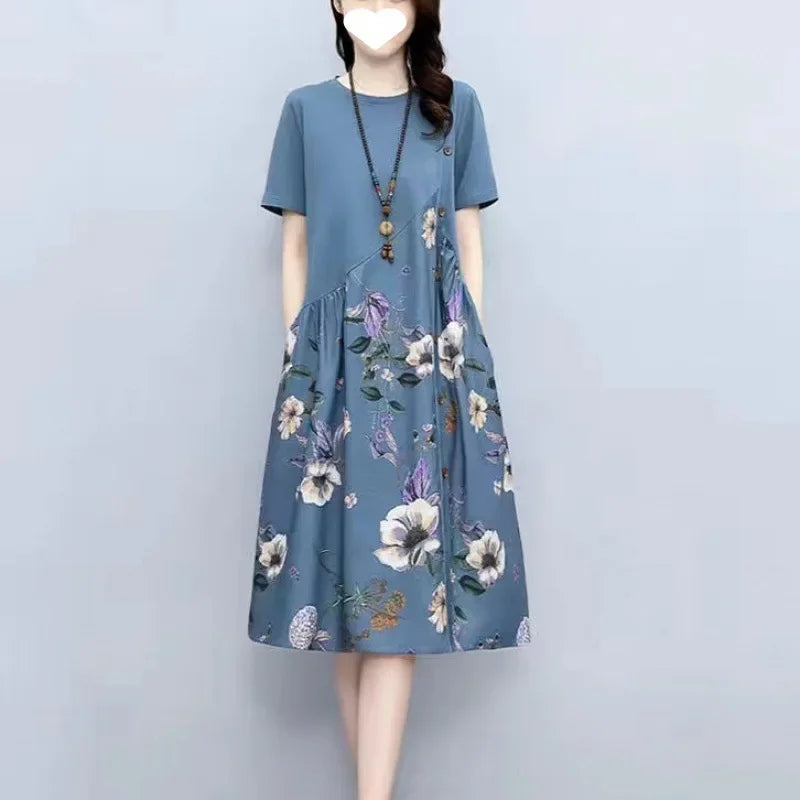 Loose Casual Women's Dress Summer New Style Retro Print plus Size Conceal Meat Slimming A- Line Skirt Fashionable Chinese Brand