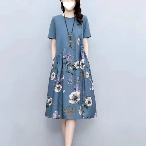 Loose Casual Women's Dress Summer New Style Retro Print plus Size Conceal Meat Slimming A- Line Skirt Fashionable Chinese Brand