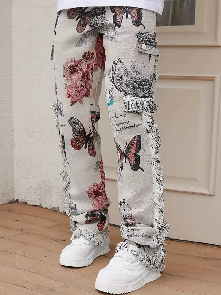 2025 Spring Summer Streetwear Jeans Mens Vintage Butterfly Print Straight Jean Pants Men Stylish Tassel Designer Denim Trousers