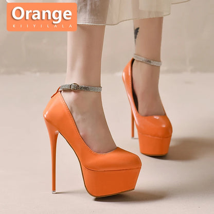 2024 Women Party Disco Dance 5.5cm Platform Pumps Buckles Super High Thin Spike Heels Fashion Dress Party Red Big Size 49 50